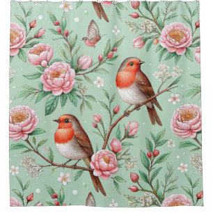Artistic Songbirds Pink Flower - Mint Palette Shower Curtain