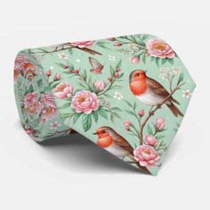 Artistic Songbirds Pink Flower - Mint Palette Tie