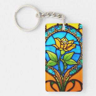 Artistic Stained Glass with Vibrant Flower Key Ring