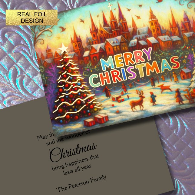 Artistic Storybook Christmas Village Foil Holiday Card (Creator Uploaded)