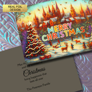 Artistic Storybook Christmas Village Foil Holiday Card