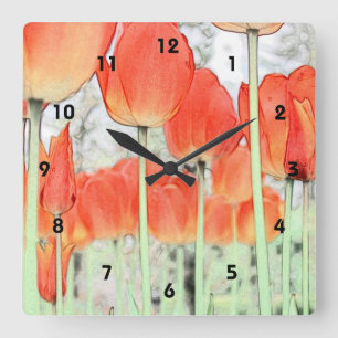 artistic style red tulip flowers. floral garden square wall clock