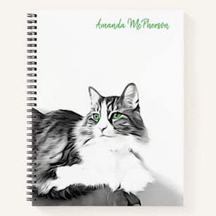 Artistic stylised cat portrait with green eyes notebook
