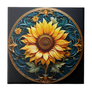 Artistic Sunflower on Black Ceramic Tile