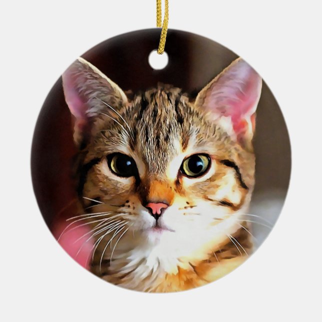 Artistic Tabby Cat Kitten Portrait Ceramic Ornament (Front)
