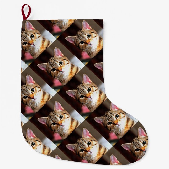 Artistic Tabby Cat Kitten Portrait Large Christmas Stocking (Front)