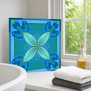 Artistic Teal Floral Design Bathroom Tile