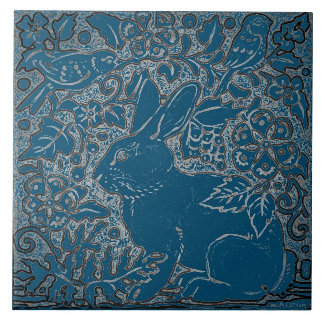 Artistic Teal Rabbit Bird Animal Floral Foliage Ceramic Tile (Front)