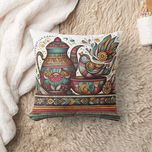 Artistic teapot and bowl with intricate patterns cushion (Blanket)