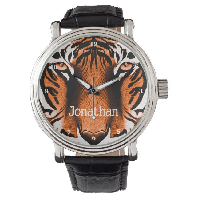 Artistic Tiger Cat Face Head Personalised Orange Watch (Front)