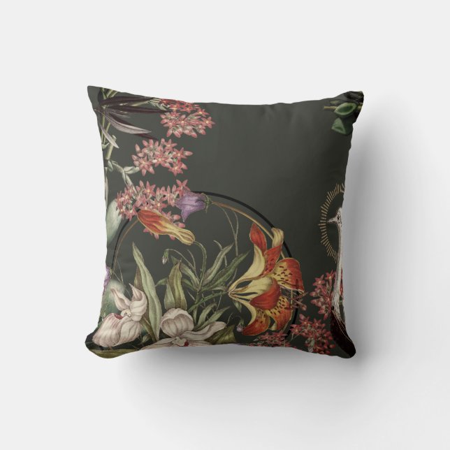 Artistic Tiger Lily & Floral Design | Green Cushion (Front)