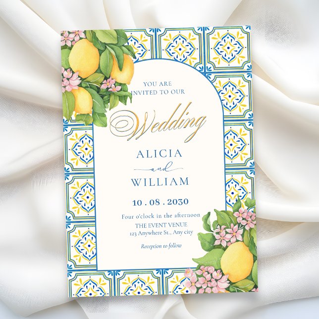 Artistic tile Mediterranean lemon floral wedding Invitation (Creator Uploaded)