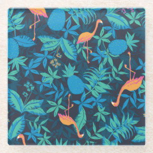 Artistic Tropical: Flamingo Pineapple Pattern. Glass Coaster