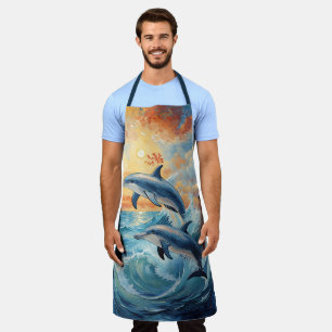 Artistic Two Jumping Dolphins Sunset Ocean  Apron