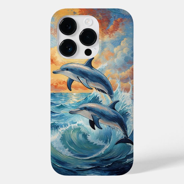 Artistic Two Jumping Dolphins Sunset Ocean  Case-Mate iPhone Case (Back)
