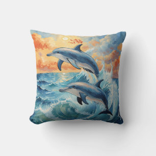 Artistic Two Jumping Dolphins Sunset Ocean Cushion