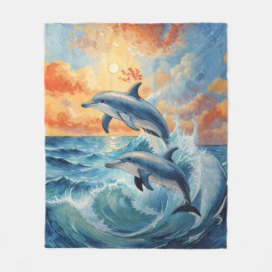Artistic Two Jumping Dolphins Sunset Ocean Fleece Blanket