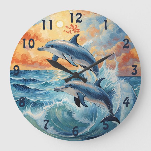 Artistic Two Jumping Dolphins Sunset Ocean  Large Clock (Front)