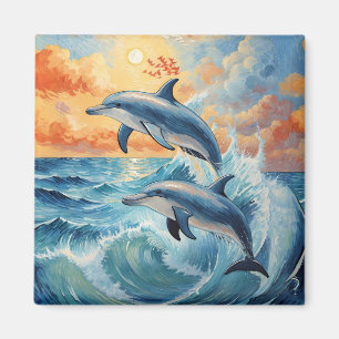Artistic Two Jumping Dolphins Sunset Ocean Magnet
