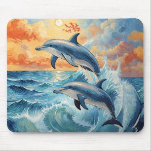 Artistic Two Jumping Dolphins Sunset Ocean Mouse Pad