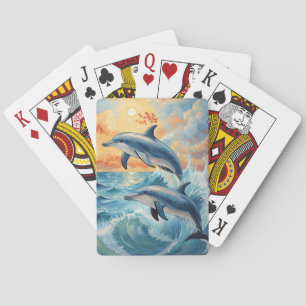 Artistic Two Jumping Dolphins Sunset Ocean Playing Cards