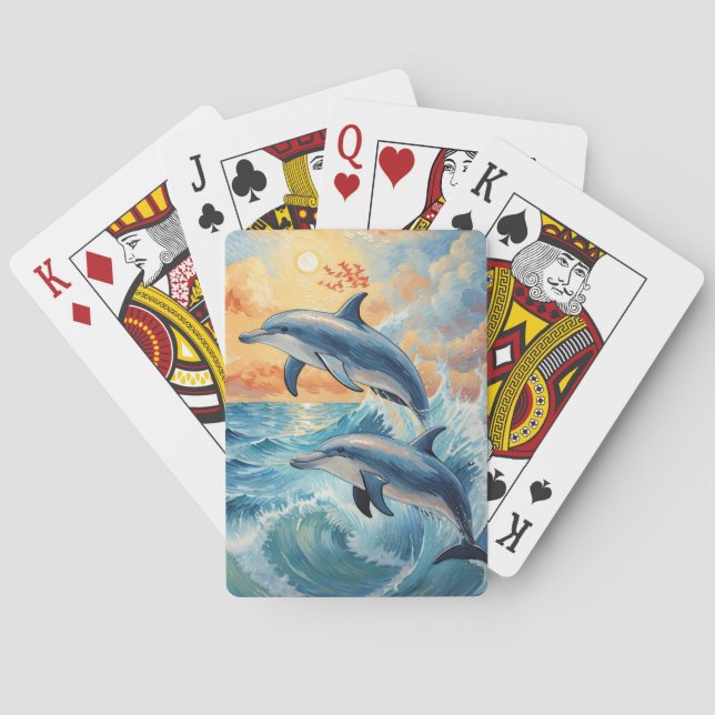 Artistic Two Jumping Dolphins Sunset Ocean  Playing Cards (Back)