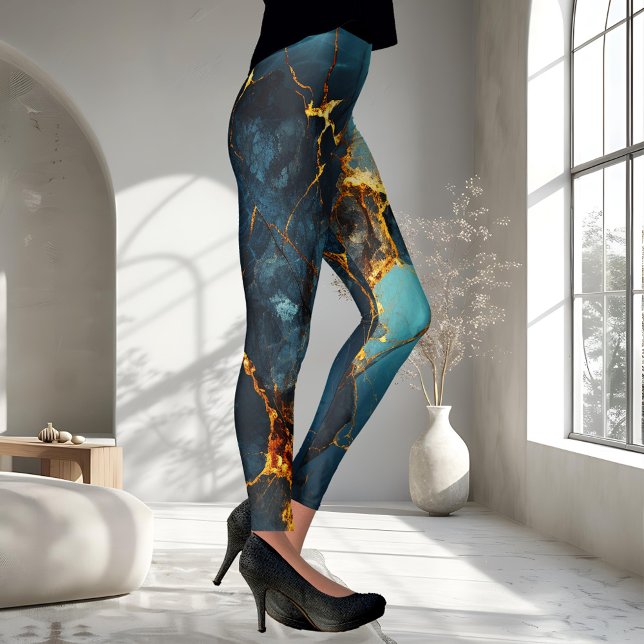 Artistic Veined Abstract Blue Ochre Leggings (Leggings featuring an abstract veined design in teal blue and warm ocher.)