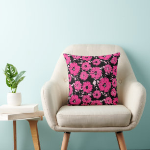 Artistic Vibrant Pink Flowers on Black Floral Cushion