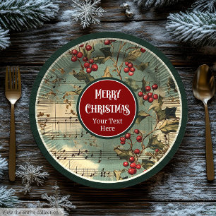 Artistic vintage Christmas carols holly berries Paper Plate