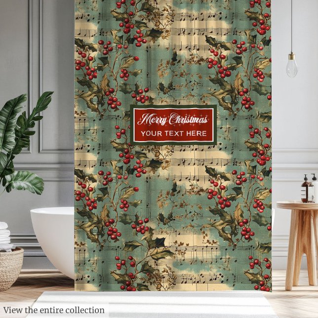 Artistic vintage Christmas carols holly berry Shower Curtain (Artistic vintage Christmas carols holly berry Shower Curtain)