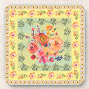 Artistic vintage watercolor floral Yellow painting Coaster