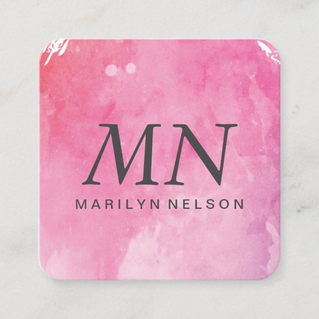 Artistic Water Colour Monogram Square Business Card (Front)