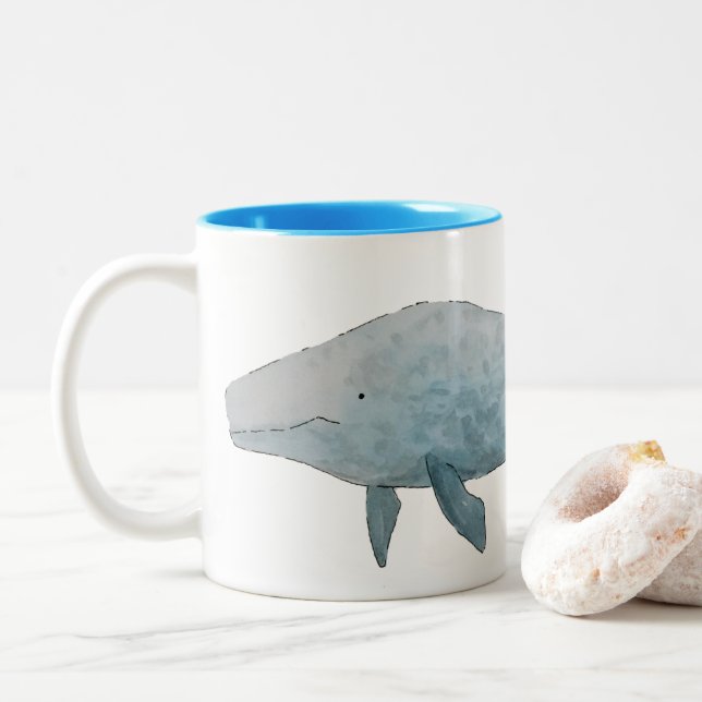 Artistic Watercolor Blue Whale Two-Tone Coffee Mug (With Donut)