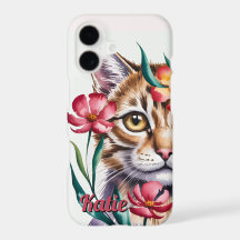 Artistic Watercolor Cat Portrait with Pink Floral