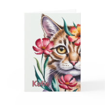 Artistic Watercolor Cat Portrait with Pink Floral