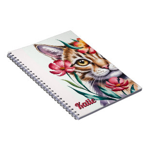 Artistic Watercolor Cat Portrait with Pink Floral Notebook
