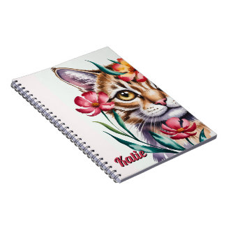 Artistic Watercolor Cat Portrait with Pink Floral Notebook