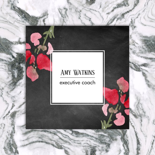 Artistic Watercolor Flowers Chalkboard Background Square Business Card (Creator Uploaded)