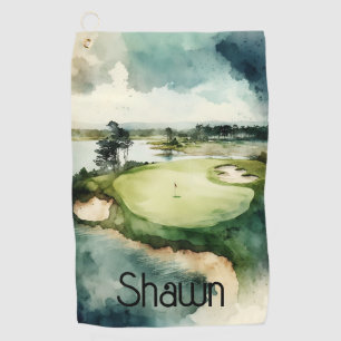 Artistic watercolor golf course golf towel