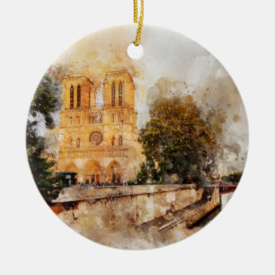 Artistic Watercolor of Notre-Dame Cathedral Paris Ceramic Ornament