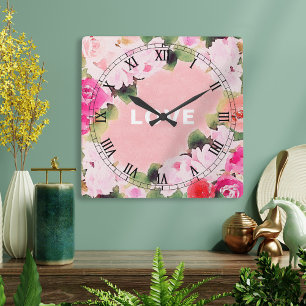 Artistic Watercolor Pink Rose Garden Love Script Square Wall Clock