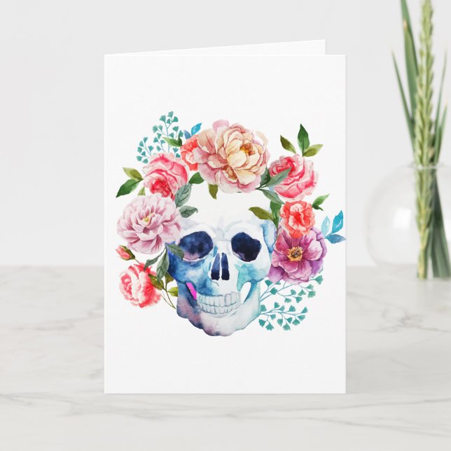 Artistic watercolor skull and flowers card (Front)