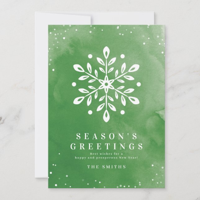 Artistic Watercolor Snowflake Green Christmas card (Front)
