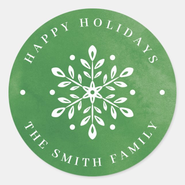 Artistic Watercolor Snowflake green Christmas Classic Round Sticker (Front)