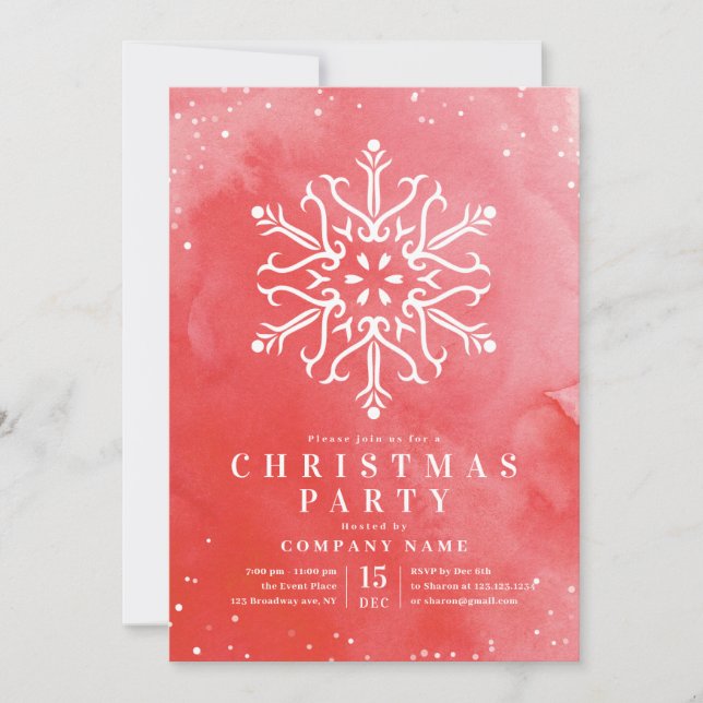 Artistic Watercolor Snowflake Red Christmas Party Invitation (Front)