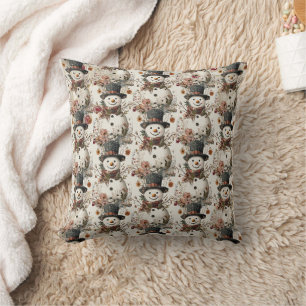 Artistic Watercolor Snowman Rustic Floral  Cushion