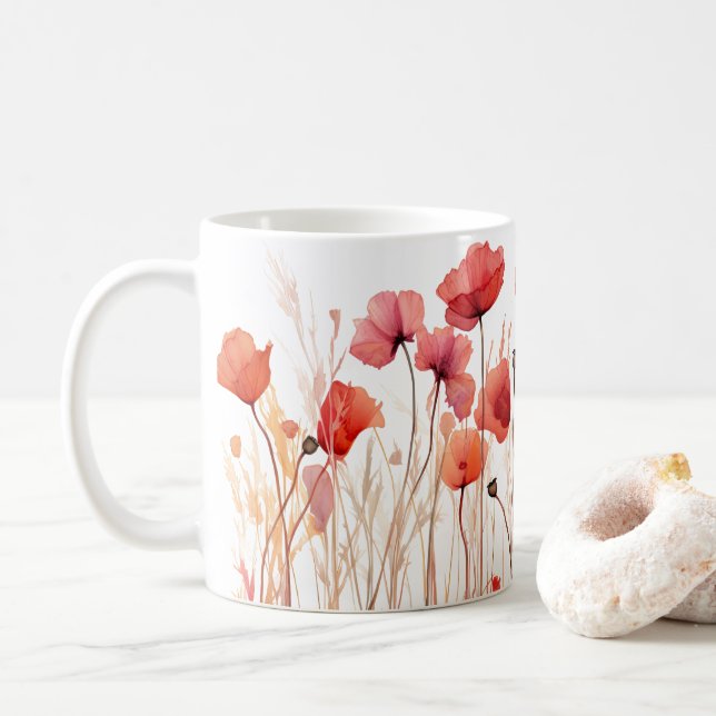 Artistic Watercolor-Styled Poppies Pressed Dried  Coffee Mug (With Donut)