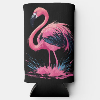 Artistic Whimsical Pink Flamingo Splash | Black Seltzer Can Cooler