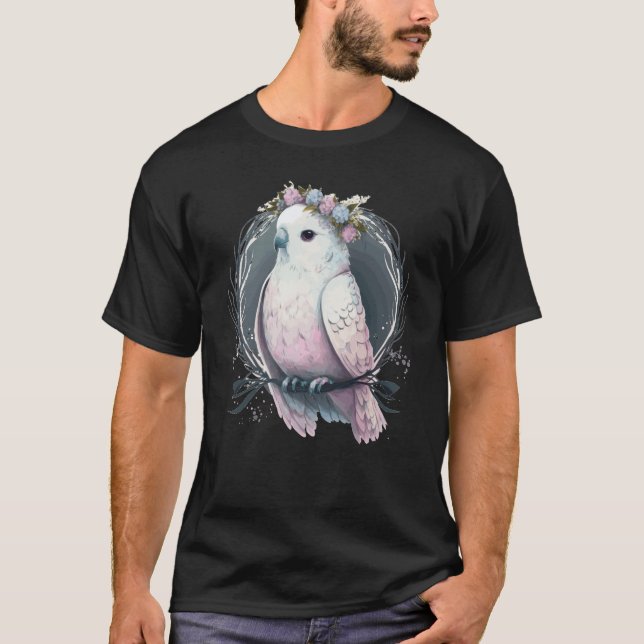 Artistic White Parakeet Budgie Bird Flower Crown P T-Shirt (Front)