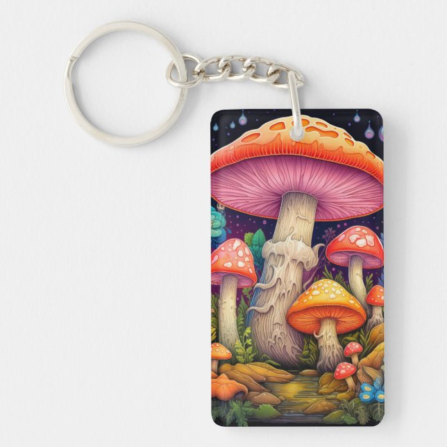 Artistic Wild Mushroom Forest Illustration Key Ring (Front)